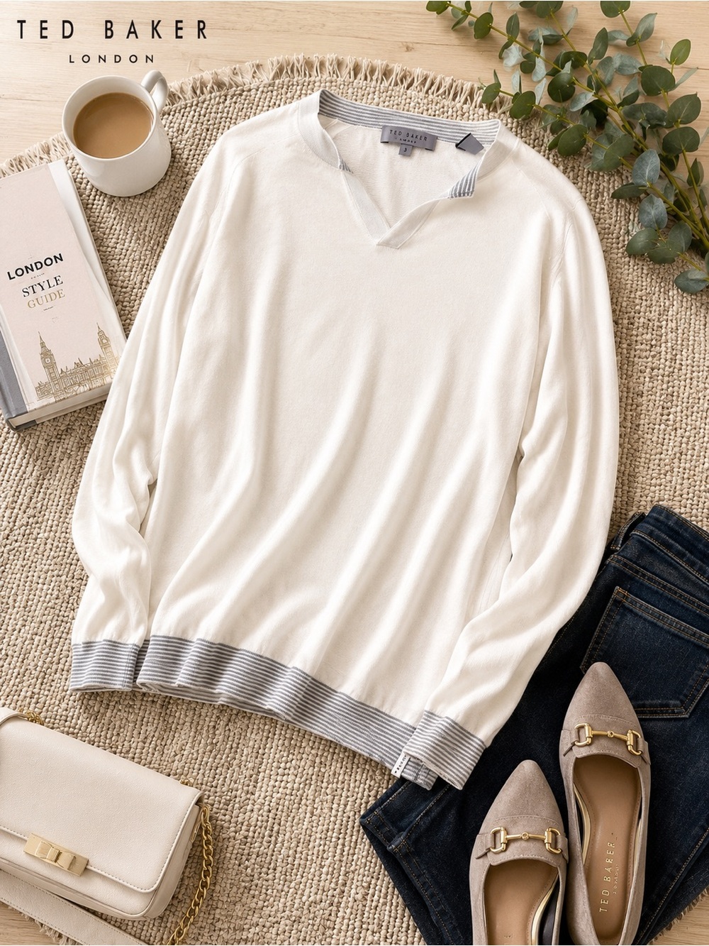 Ted Baker White Long Sleeve Top with Gray Stripe Trim